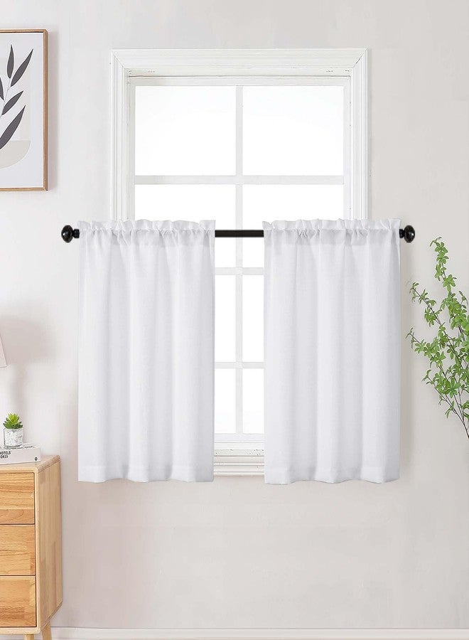 WelvetBLK White Curtains Tier 24 Inch Length 2 Panels Set, Faux Linen Textured Light Filtering Short Cafe Curtains Drapes for Bathroom Basement Half Window, Rod Pocket Design, White, Each 30Wx24L Inch - Image 1
